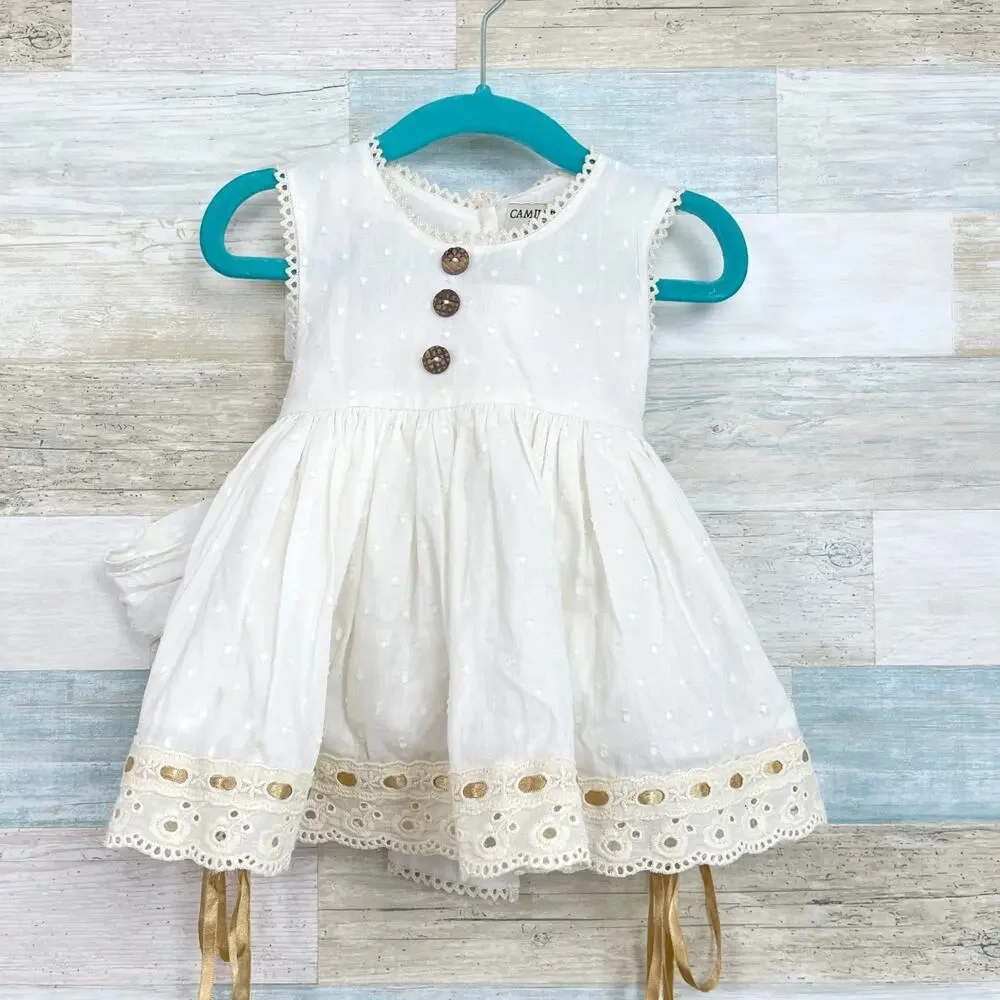 Camille & Leah Ribbon Lace 2 Piece Set Cream Dress Short Baby Girl 12M 12 Months